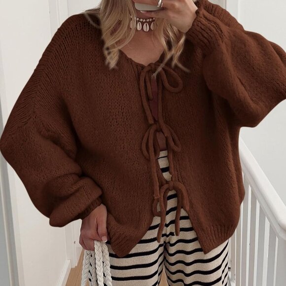 Women's Tie Front Bow Cardigan Sweaters Chunky Knit Long Puff Sleeve Trendy Fall - Picture 6 of 8